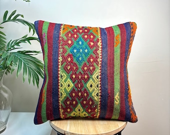 Vintage Turkish Kilim Pillow Cover: 16x16 Bohemian Cushion