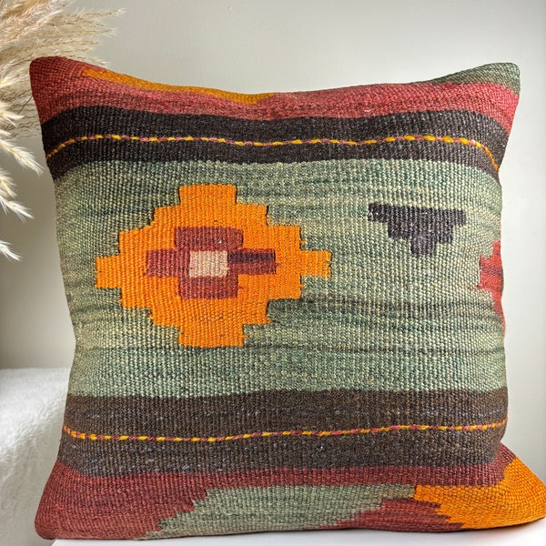 Eclectic Kilim Pillow Cover – 16x16 Vintage Turkish Wool Cushion, Boho Throw