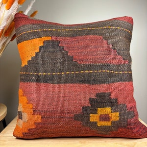 Türkischer Kelim Lendenkissenbezug, Boho Kelim Kissen, 16x16 handgewebtes türkisches Boho Taillenkissen, Lendenkissenbezug HY 43