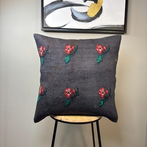 20x20 Vintage Kilim Pillow Cover: Floral Embroidered Wool, Boho Decor
