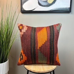 Oreiller kilim turc tissé à la main 16 x 16, taie d'oreiller, coussin kilim, taie d'oreiller bohème, oreiller tribal, oreiller de canapé, coussin kilim HY251