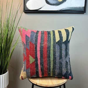 Almohada Kilim turca tejida a mano de 16x16, funda de almohada, funda de almohada de lanzamiento, funda de almohada Boho, almohada tribal, almohada de sofá, cojín Kilim HY 256