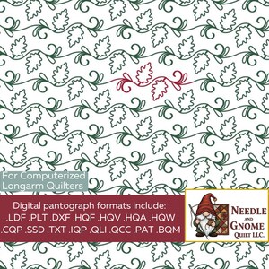 May include: Digital quilting pattern featuring a repeating design of green leaves and vines on a white background. A small section of red leaves is in the center. The image includes text that reads "For Computerized Longarm Quilters" and a list of digital pantograph formats.