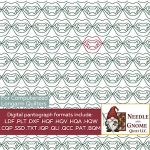 Op de afbeelding: Een digitaal pantograafpatroon met een herhalend raster van donkergroene vampier-monden met hoektanden op een witte achtergrond, waarbij één mond rood is. De tekst bevat "For Computerized Longarm Quilters" en een lijst met bestandsformaten.