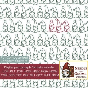 May include: A repeating pattern of green line-drawn gnomes on a white background. A few gnomes are highlighted in red. The image includes text that says "For Computerized Longarm Quilters" and a list of digital pantograph formats. A logo for Needle and Gnome Quilt LLC is also present.