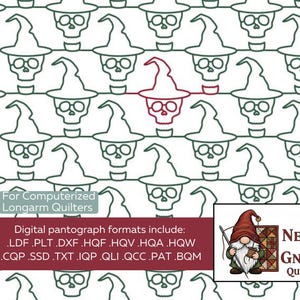 Pode incluir: Um padrão repetido de contornos de caveiras verdes usando chapéus de bruxa em um fundo branco. Uma caveira e um chapéu vermelhos são apresentados. A imagem inclui o texto: "For Computerized Longarm Quilters" e um logotipo para Needle and Gnome Quilt LLC.