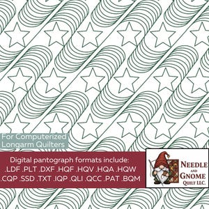 May include: A digital quilting pattern featuring a repeating design of stars and curved lines in dark green on a white background. The text "For Computerized Longarm Quilters" is visible. The image also includes a logo for Needle and Gnome Quilt LLC.