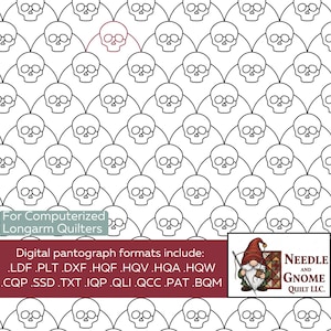 Op de afbeelding: Een herhalend patroon van witte schedels op een witte achtergrond. De schedels zijn zwart omlijnd en gerangschikt in een schubachtig patroon. De afbeelding bevat de tekst "For Computerized Longarm Quilters" en "Digital pantograph formats include: .LDF .PLT .DXF .HQF .HQV .HQA .HQW .CQP .SSD .TXT .IQP .QLI .QCC .PAT .BQM."