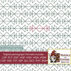 May include: Digital quilting pattern with a repeating geometric design in green and burgundy on a white background. The text "For Computerized Longarm Quilters" is included, along with a list of digital formats and a logo.