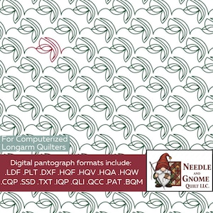 May include: A white background with a repeating green line design. The image includes text that reads "For Computerized Longarm Quilters" and a list of digital pantograph formats. A logo for Needle and Gnome Quilt LLC is also present.