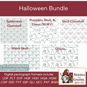 Pode incluir: Um pacote com tema de Halloween com padrões de pantógrafo digital para acolchoadoras de braço longo computadorizadas. Os designs incluem teias de aranha, abóboras, caveiras, fantasmas e caveiras de bruxas. Formatos: LDF, PLT, DXF, HQF, HQV, HQA, HQW, CQP, SSD, TXT, IQP, QLI, QCC, PAT, BQM.