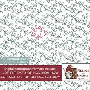 Puede incluir: Un patrón de acolchado digital con un diseño de vid repetido en verde oscuro sobre un fondo blanco. También hay un pequeño elemento de vid rojo. La imagen incluye texto para acolchadoras longarm computarizadas y un logotipo.