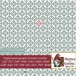May include: A repeating geometric pattern of dark green interlocking circles and stars on a white background with one red star. A maroon banner displays the text For Computerized Longarm Quilters, a list of digital file formats, and a Needle and Gnome Quilt LLC logo.