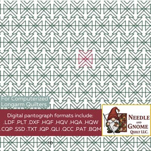 May include: A digital pantograph pattern for computerized longarm quilters featuring a repeating geometric design of dark green lines on a white background with one red accent, including file formats .LDF, .PLT, .DXF, .HQF, .HQV, .HQA, .HQW, .CQP, .SSD, .TXT, .IQP, .QLI, .QCC, .PAT, .BQM and a Needle and Gnome Quilt LLC logo.