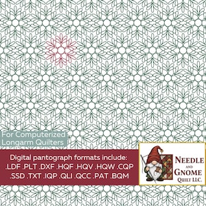 May include: A digital quilting pattern featuring a repeating snowflake design in dark green on a white background. A single red snowflake is highlighted. The image includes text: "For Computerized Longarm Quilters" and a logo for Needle and Gnome Quilt LLC.