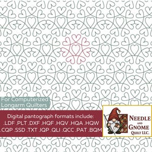 May include: A digital quilting pattern featuring a repeating heart design in a light gray color on a white background. The image includes the text "For Computerized Longarm Quilters" and a list of digital pantograph formats. A logo for Needle and Gnome Quilt LLC is also present.