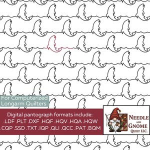 Op de afbeelding: Een herhalend patroon van gestileerde zwarte en witte walvissen die in golven zwemmen. Eén walvis is rood omlijnd. De afbeelding bevat de tekst "For Computerized Longarm Quilters" en een lijst met digitale pantograafformaten. Een logo voor Needle and Gnome Quilt LLC staat rechtsonder.