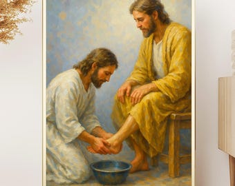 Jesus Washing Disciples Feet, Christian Wall Art, Biblical Painting, Digital Download