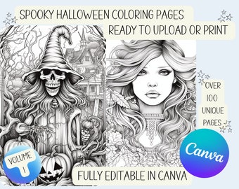 Halloween Coloring Book Digital Download - Bewitching Women, Skeletons, Witches, Spooky Scenes - KDP Ready, Printable Adult Coloring Pages