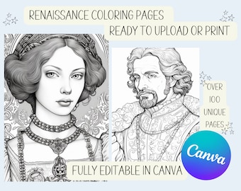 Puede incluir: Páginas para colorear en blanco y negro con retratos de la época del Renacimiento de una mujer y un hombre. El texto "Renaissance Coloring Pages" y "Ready to Upload or Print" está en la parte superior de la imagen. El texto "Fully Editable in Canva" está en la parte inferior de la imagen. El texto "Over 100 Unique Pages" está en el lado derecho de la imagen. El logotipo de Canva está en la esquina inferior derecha de la imagen.