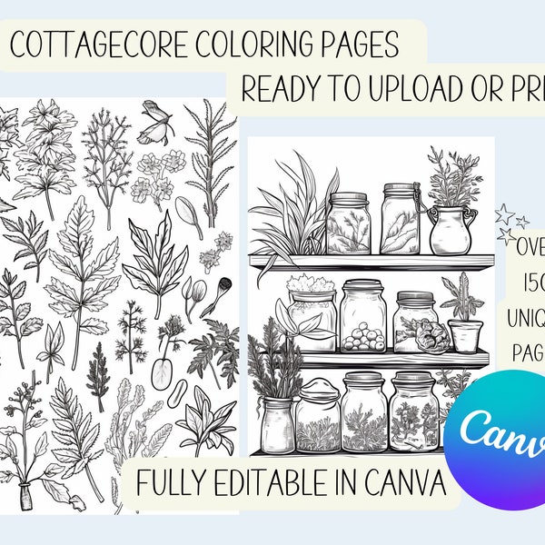 CottageCore Coloring Book-KDP Interior-Personal & Commercial Use.Herbs, Plants, Flower, Forest, Homesteading Adult Coloring Pages.  Digital