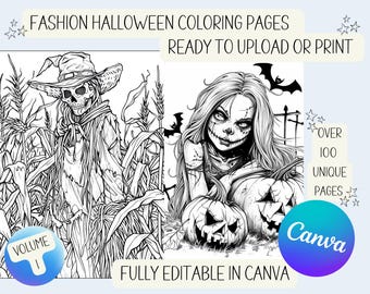 A Spooky Halloween Collection of Haunting Coloring Pages - Digital Download - Witches, Monsters - KDP Ready, Printable Adult Coloring Book
