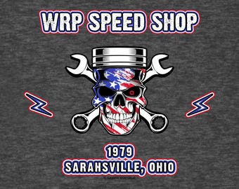 WRP Speed Shop T-Shirt – Patriotic Hot Rod, Heather Black Tri-Blend