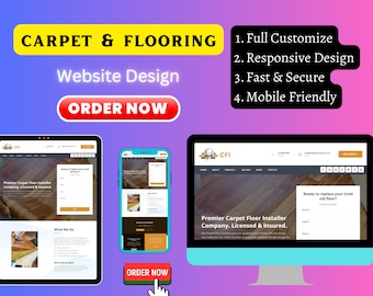 Può includere: Progettazione di siti web per aziende di tappeti e pavimentazioni. L'immagine mostra una versione desktop e mobile di un sito web con un modulo di contatto e informazioni sui servizi dell'azienda. Il testo sul sito web dice "Premier Carpet Floor Installer Company. Licensed & Insured."