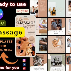 400 Massage Therapist Posts, Massage Instagram Template, Massage Therapy Editable Template, Spa Marketing, Spa Canva Template, Canva Massage