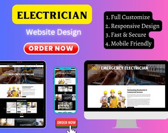 Op de afbeelding: Een website-ontwerpmockup voor een elektriciensbedrijf. De website biedt een 24/7 noodservice voor elektriciens, uitstekende residentiële en commerciële diensten en een mobielvriendelijk ontwerp. De website is aanpasbaar, responsief, snel en veilig.