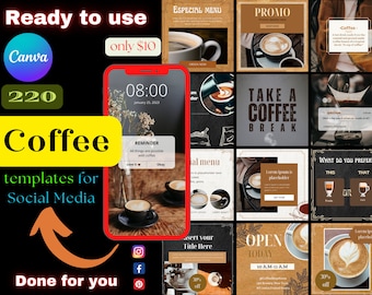 Op de afbeelding: Een verzameling van 220 aanpasbare koffie-thema social media sjablonen voor Canva. De sjablonen bevatten afbeeldingen van koffie, koffiekopjes en koffiezaakjes. De tekst "Klaar voor gebruik", "slechts $ 10", "Klaar voor je" en "Koffiesjablonen voor social media" wordt weergegeven op de afbeelding.