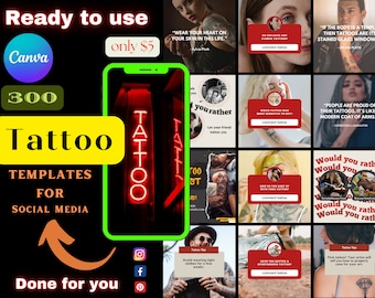 May include: A collection of 300 customizable tattoo social media templates for Canva. The templates feature neon red text that says "TATTOO" and various images of tattoos and people with tattoos. The text "Ready to use" and "Done for you" are also included in the image.