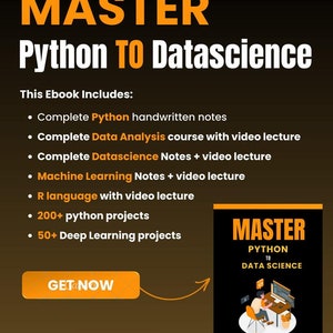 Pode incluir: Uma ilustração digital de uma pessoa sentada em frente a um computador com o texto "MASTER PYTHON TO DATA SCIENCE" em um fundo amarelo. O texto "GET-NOW" está em um botão no canto inferior esquerdo da imagem.