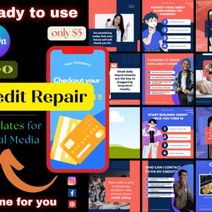 May include: A collection of 200 social media templates for credit repair. The templates feature colorful graphics and text, including "Credit Repair", "Protect Your Credit Score During the Pandemic", "Start Building Credit Once You Turn 18", and "Who Can I Contact to Fix My Credit?"
