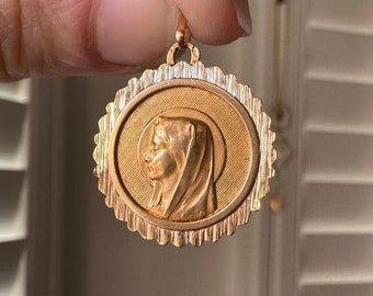 Vintage Antique Emile Dropsy 18k Gold French Virgin Mary Religious Medal Catholic Medal