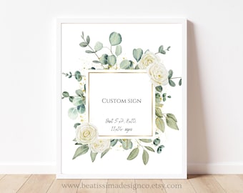 Modelo de placa personalizada Canva, sinalização de casamento personalizável, sinalização de casamento personalizada em branco e sálvia