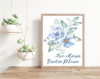 Impressão Ave Maria Gratia Plena para impressão, impressão floral latina Hail Mary, arte católica de parede, presente católico para ela, decoração de casa católica