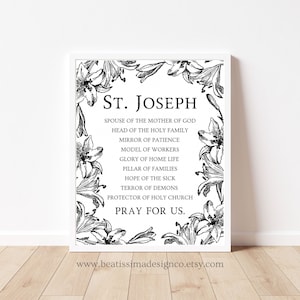 St. Joseph Letanía Oración Imprimible Arte de la pared Oración católica Imprimir St Joseph Imprimible Saint Art Regalo católico para él Decoración del hogar católico