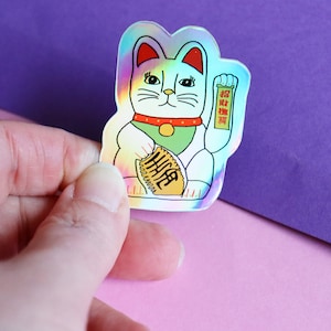 Die-Cut-Sticker Aufkleber Winkekatze Glückskatze holografisch 3,7 x 5 cm