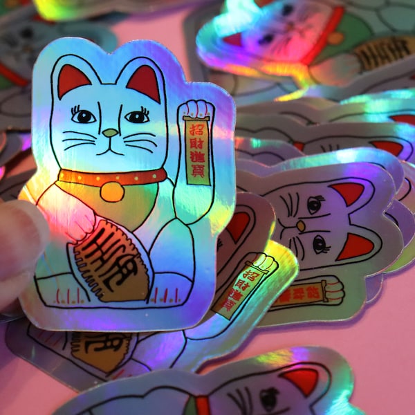 Die-Cut-Sticker Aufkleber Winkekatze Glückkatze holografisch 3,7 x 5 cm