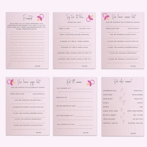 Babyshower svensk, sueco, cuestionario, lekar, juegos, blivande mamma, utskriftsbara bebis kort, imprimible, mallar