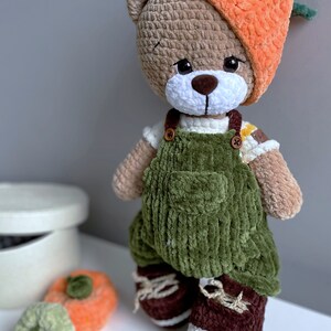 Handmade Crochet Teddy Bear Toy in Green Jumpsuit main image 1