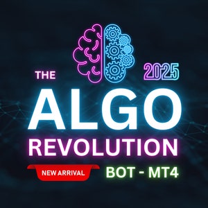 May include: A neon pink and blue brain with gears inside, the text "THE ALGO REVOLUTION 2025" in white, and the text "BOT - MT4" in green. A red banner with the text "NEW ARRIVAL" is at the bottom.