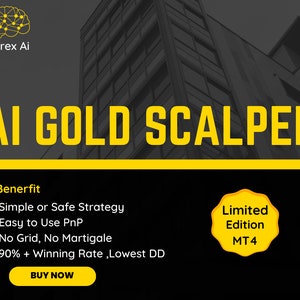 May include: A promotional graphic for Forex Ai, featuring the text "AI GOLD SCALPER" in large yellow letters. The image highlights benefits like a simple strategy and a high winning rate. A "Limited Edition MT4" badge is also present.