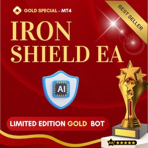 May include: A promotional image with a red background features the text "IRON SHIELD EA" in gold. A gold trophy and a shield with an AI chip are also displayed. The text "LIMITED EDITION GOLD BOT" is at the bottom, with a "BEST SELLER" banner.