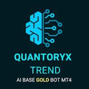 Könnte beinhalten: Eine Grafik auf dunklem Hintergrund mit einem leuchtend cyanfarbenen Gehirnsymbol mit integrierten Schaltkreislinien auf der rechten Seite. Unter dem Symbol steht der Text QUANTORYX TREND, gefolgt von dem weiß-gelben Text AI BASE GOLD BOT MT4.