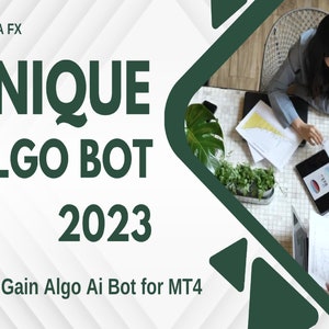 May include: A white and green graphic with the text "UNIQUE ALGO BOT 2023" and the tagline "High Gain Algo Ai Bot for MT4". The graphic is set against a white background with green diagonal lines. The image also shows a group of people working on a table with a laptop, tablet, and papers.