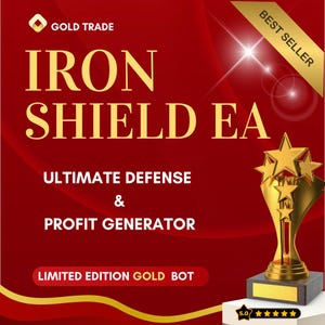 May include: A promotional graphic with a red background features the text "IRON SHIELD EA" in gold lettering. Additional text reads "ULTIMATE DEFENSE & PROFIT GENERATOR" and "LIMITED EDITION GOLD BOT." A gold trophy and a "BEST SELLER" banner are also present.
