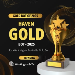 Può includere: Un trofeo d'oro con stelle, su una base grigia, su sfondo nero. Testo: "GOLD BOT OF 2025", "HAVEN GOLD BOT - 2025" e "BUY NOW". L'immagine promuove un bot d'oro redditizio.