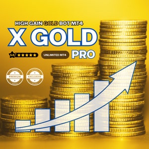 Może przedstawiać: Grafika w kolorze złotym i białym z tekstem "X GOLD PRO" i "HIGH GAIN GOLD BOT MT4" oraz oceną 5 gwiazdek. Grafika zawiera również dwie złote monety z tekstem "PREMIUM" i "EXCLUSIVE". Grafika znajduje się na żółtym tle z białym strzałką skierowaną w górę.